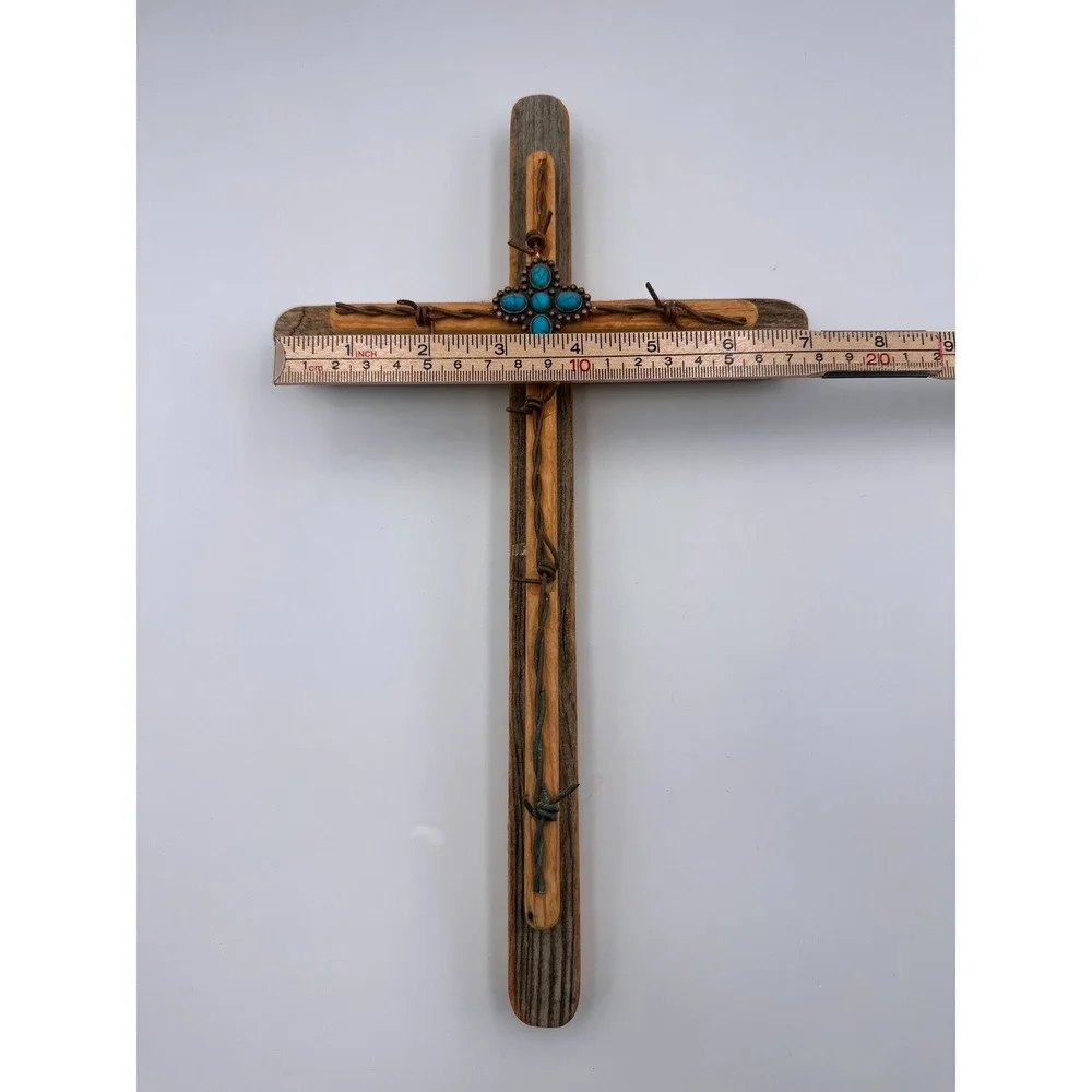 Rustic Wood‎ Cross w/ Turquoise Accent Barbed Wire Detail Hanging Wall Decor 12